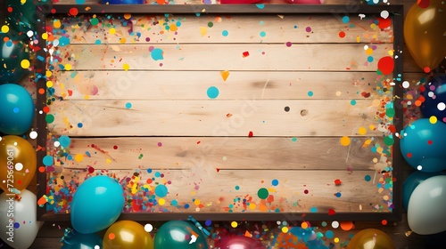 Wooden frame among colorful carnival or party balloons, streamers and confetti on rustic grunge wood planks with copy space.