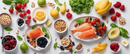 A set of healthy food. Fish, nuts, protein, berries, vegetables and fruits. On a white background