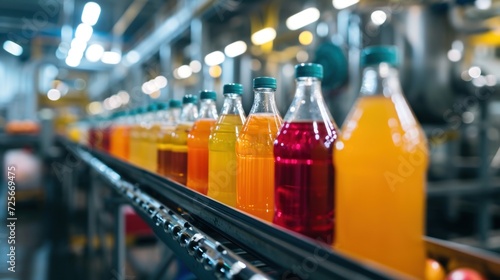 product bottles fruit juice on the conveyor belt in the beverage factory, industrial, manufacture, production, line, plant, technology, juice, machine, machinery, equipment, automated