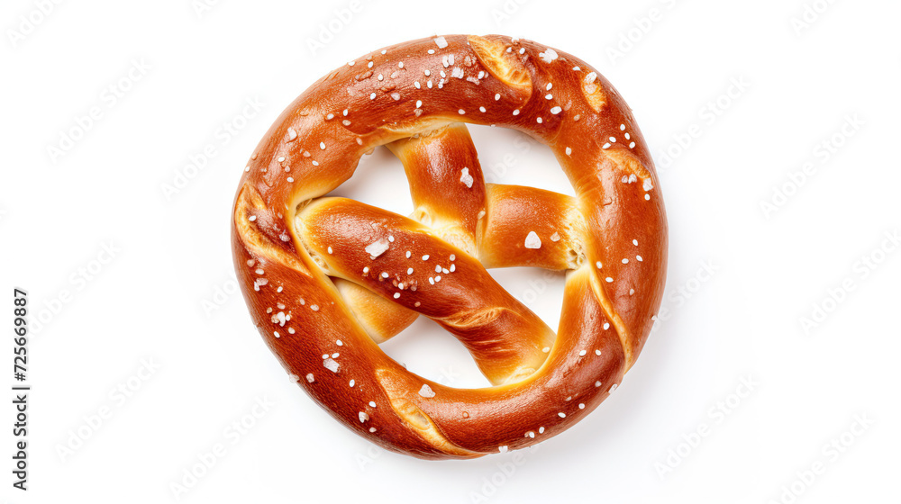 Top view fresh pretzel with bakery salt. Traditional pretzel isolated on white background