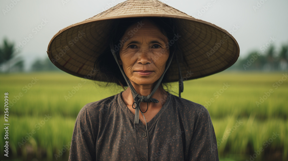 Portrait of old farmer woman with conical hat in the rice field. Agriculture field in Vietnam. Senior asian woman in traditional cloth. Rice terraces in Vietnam. Generative AI.