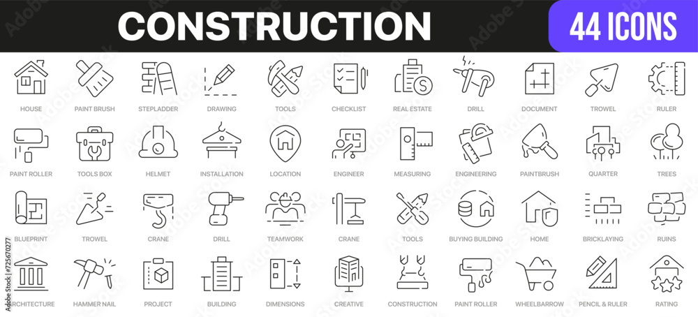 Construction line icons collection. UI icon set in a flat design. Excellent signed icon collection. Thin outline icons pack. Vector illustration EPS10