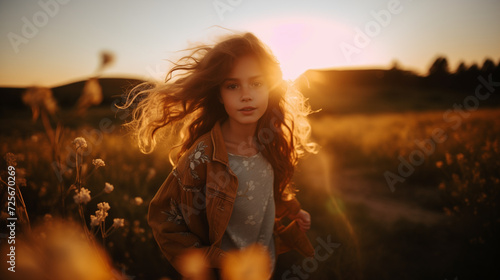 Portrait of little girl who walks in the rays of a sunset in a flowering meadow, enjoying the summer, warmth, freedom. Beautiful girl walks through a field and looks at the camera. Generative AI.