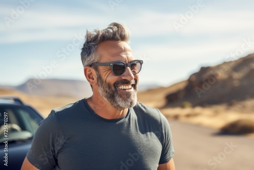 Portrait of a handsome middle-aged man with a beard and sunglasses in the desert