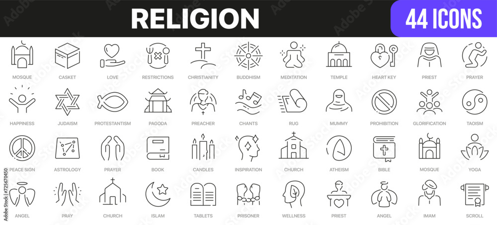 Religion line icons collection. UI icon set in a flat design. Excellent signed icon collection. Thin outline icons pack. Vector illustration EPS10 Religion line icons collection. UI icon set in a flat design. Excellent signed icon collection. Thin outline icons pack. Vector illustration EPS10