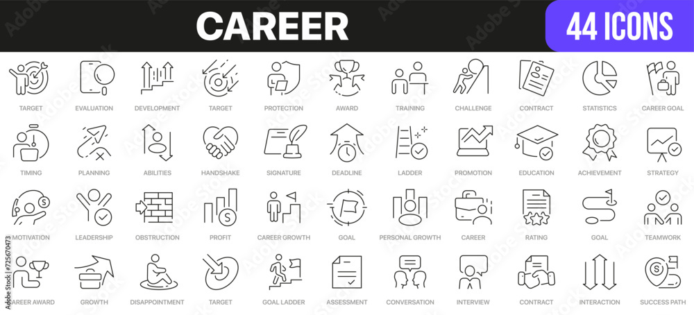 Career line icons collection. UI icon set in a flat design. Excellent signed icon collection. Thin outline icons pack. Vector illustration EPS10 Career line icons collection. UI icon set in a flat design. Excellent signed icon collection. Thin outline icons pack. Vector illustration EPS10