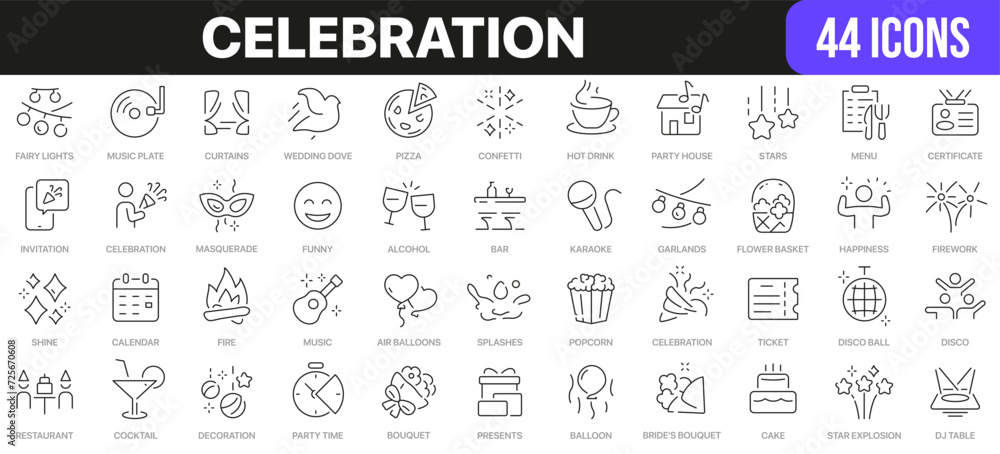 Celebration line icons collection. UI icon set in a flat design. Excellent signed icon collection. Thin outline icons pack. Vector illustration EPS10