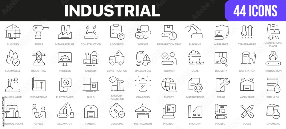 Industrial line icons collection. UI icon set in a flat design. Excellent signed icon collection. Thin outline icons pack. Vector illustration EPS10