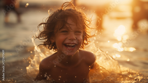 Little boy with funny face playing in the ocean or sea in the late afternoon while on a family vacation. Happy child having fun on summer vacation. Healthy lifestyle concept. Generative AI. 