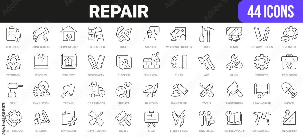 Repair line icons collection. UI icon set in a flat design. Excellent signed icon collection. Thin outline icons pack. Vector illustration EPS10 Repair line icons collection. UI icon set in a flat design. Excellent signed icon collection. Thin outline icons pack. Vector illustration EPS10