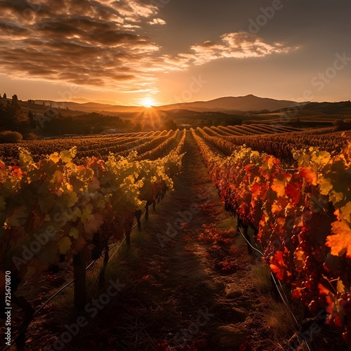 Vineyard at sunset in autumn, Tuscany, Italy