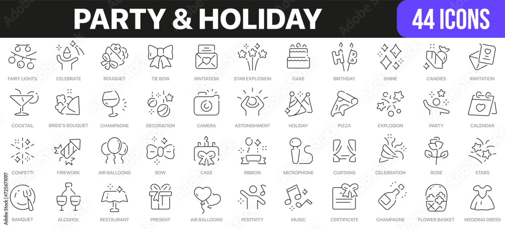 Party and holiday line icons collection. UI icon set in a flat design. Excellent signed icon collection. Thin outline icons pack. Vector illustration EPS10
