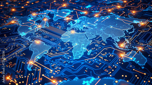 Cyber World ma on circuit board, concept of global network and connectivity, international data transfer and cyber technology, worldwide business, information exchange and telecommunication
