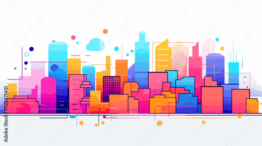 Vector illustration of a vibrant geometric cityscape  where bold shapes and colors intersect to create a visually dynamic and harmonious urban environment. simple minimalist illustration creative