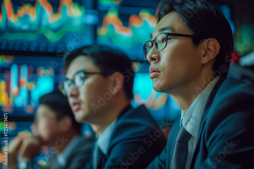 Asian trader stock market analysis discussion in front of stock market monitor on background