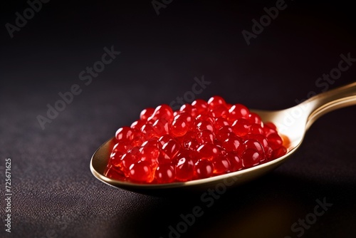 Spoonful of delicious fresh salmon fish red caviar on black background, close up