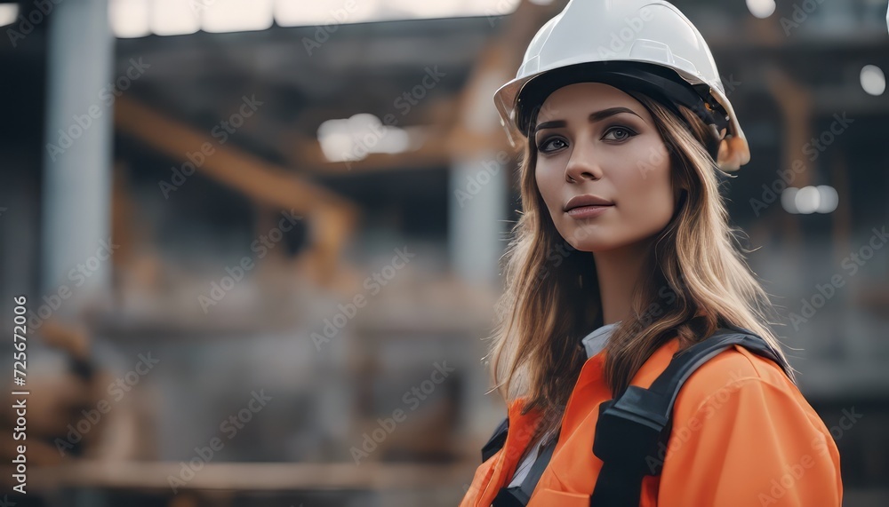 A young female worker stand back. A young female worker wearing a protective helmet and safety gear A young female worker stand back. A young female worker wearing a protective helmet and safety gear