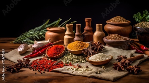 Natural traditional kitchen spices herbs are arranged on burlap wooden table

