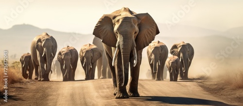 A group of elephants crossing the highway in the middle of a barren field in the afternoon © waliyah