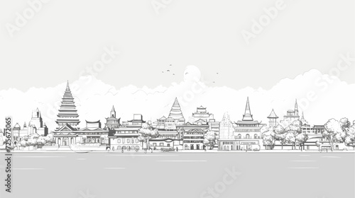 Abstract cityscape with iconic Buddhist landmarks  illustrating the seamless integration of ancient teachings and modernity in urban environments inspired by Buddhist culture. simple minimalist
