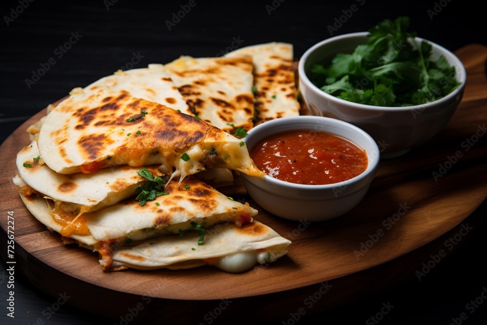 Slices of delicious quesadilla and sauces on wooden plate, close up Slices of delicious quesadilla and sauces on wooden plate, close up