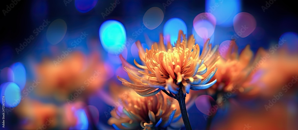 Aster flower abstract bokeh background. Orange, blue light