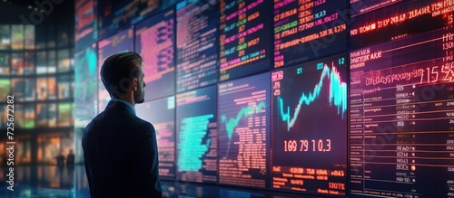 businessman surveying stock market, digital display