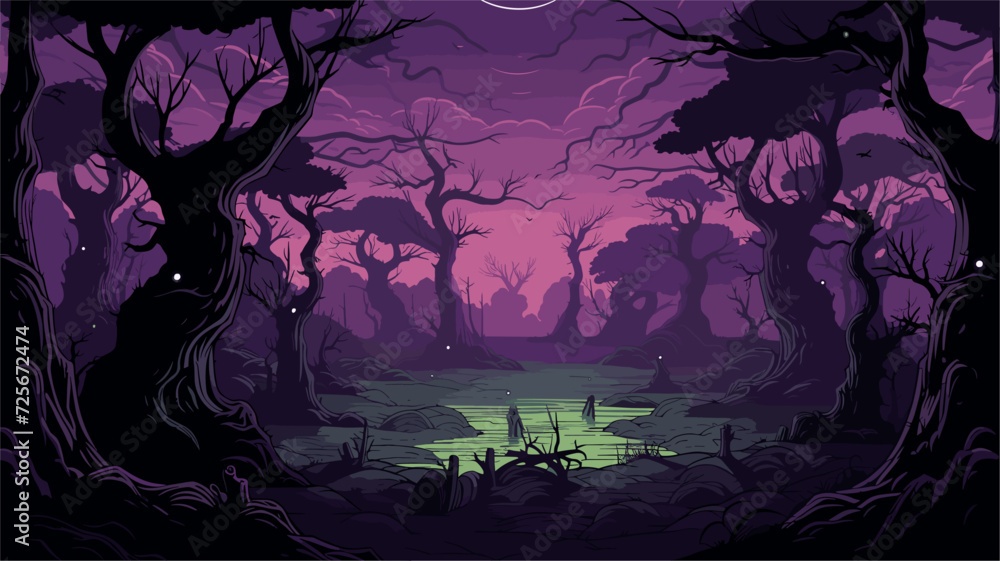 Vector illustration of a mystical forest filled with Japanese Yokai