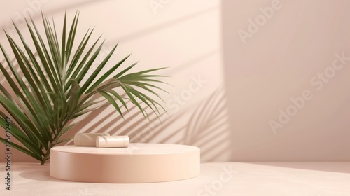 3d background products display podium scene with palm leaf geometric platform. background vector 3d render with podium. stand to show cosmetic product. Stage showcase on pedestal display beige studio