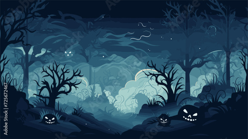 Vector illustration of a mystical forest filled with Japanese Yokai creatures  featuring eerie glows and haunting shadows among ancient trees. simple minimalist illustration creative