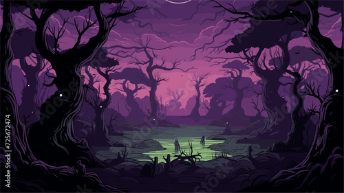 Vector illustration of a mystical forest filled with Japanese Yokai creatures  featuring eerie glows and haunting shadows among ancient trees. simple minimalist illustration creative