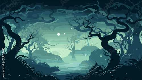 Vector illustration of a mystical forest filled with Japanese Yokai creatures  featuring eerie glows and haunting shadows among ancient trees. simple minimalist illustration creative
