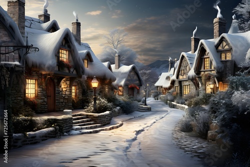 Winter village at night with snow covered houses and blue sky with clouds