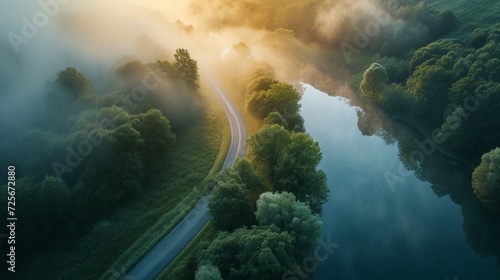 Aerial view of countryside road through the mystic forest. Foggy lake at sunrise in summer.