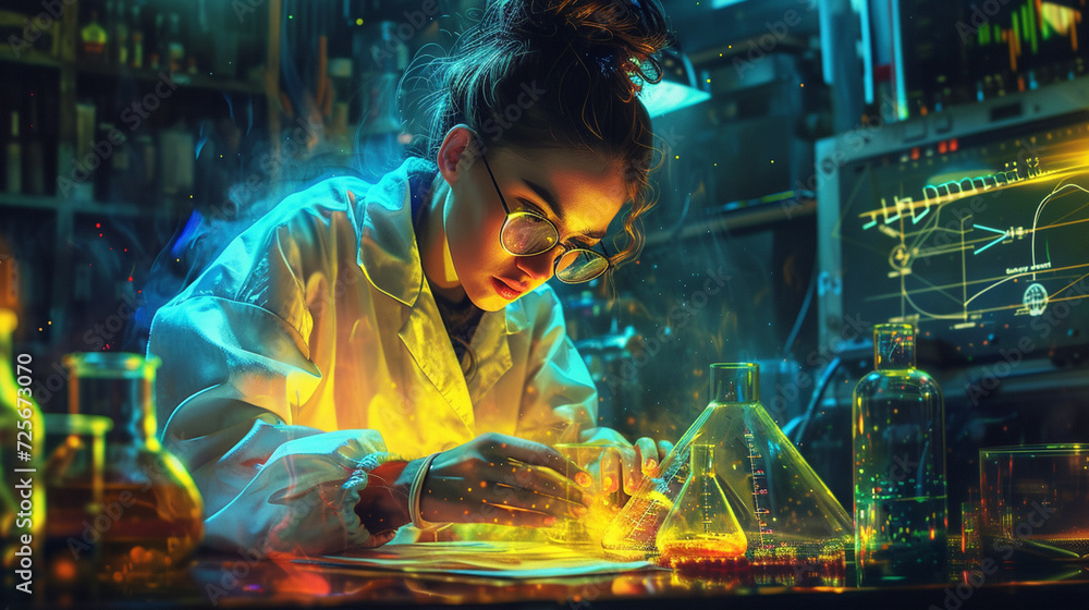 Cutting-Edge Biomedical Exploration: Scientist with Test Tubes and DNA Sequencing Cutting-Edge Biomedical Exploration: Scientist with Test Tubes and DNA Sequencing