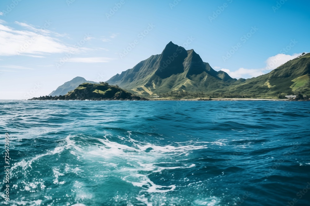 A large lake surrounded by mountains reflects the sky and clouds A large lake surrounded by mountains reflects the sky and clouds