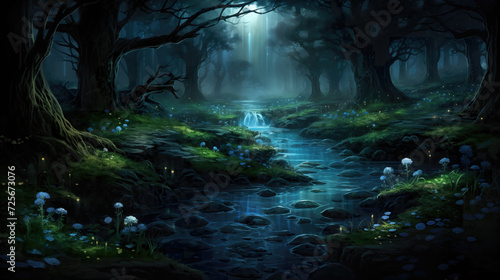 night evening fairytale scenery in a forest with a small river © Sternfahrer