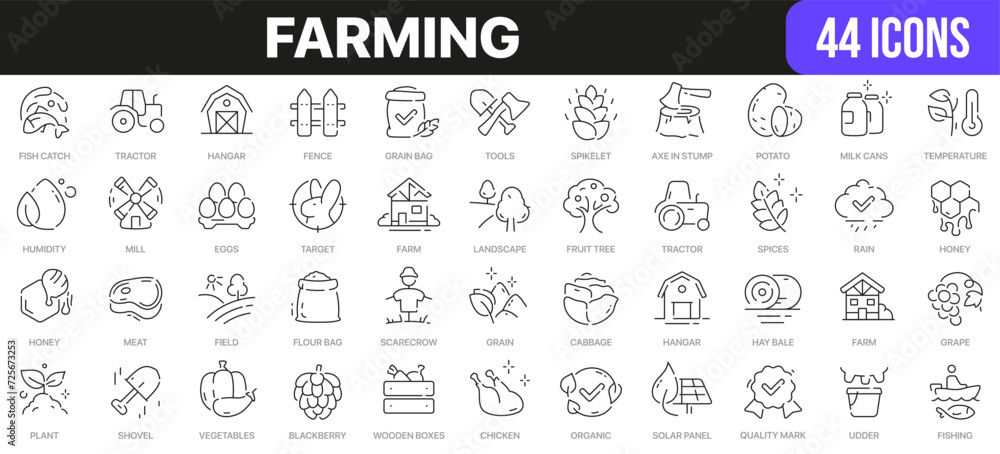 Farming line icons collection. UI icon set in a flat design. Excellent signed icon collection. Thin outline icons pack. Vector illustration EPS10