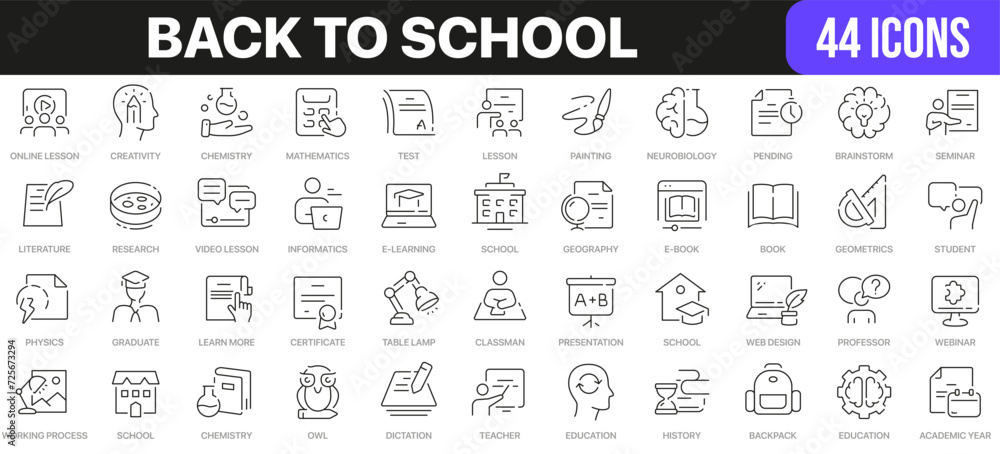 Back to school line icons collection. UI icon set in a flat design. Excellent signed icon collection. Thin outline icons pack. Vector illustration EPS10