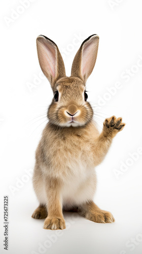 Rabbit standing on its paw isolated on white background