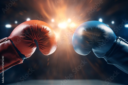 Boxing gloves red vs blue in the ring with thunderbolt fire spark effect.