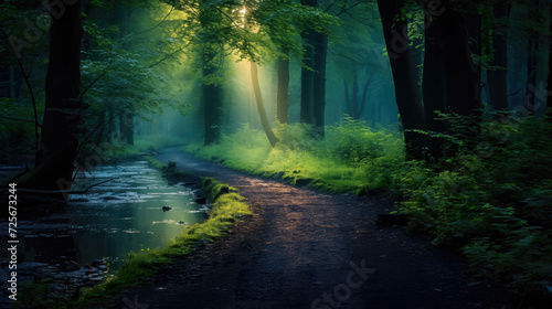 a long path road in a forest, wallpaper sunny scenery