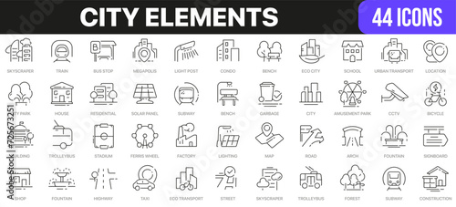 City elements line icons collection. UI icon set in a flat design. Excellent signed icon collection. Thin outline icons pack. Vector illustration EPS10