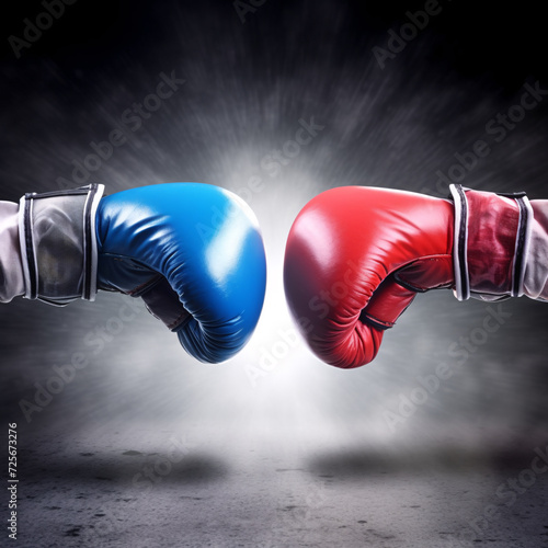 The red and blue boxing gloves are engaged in a fight. © Photo An