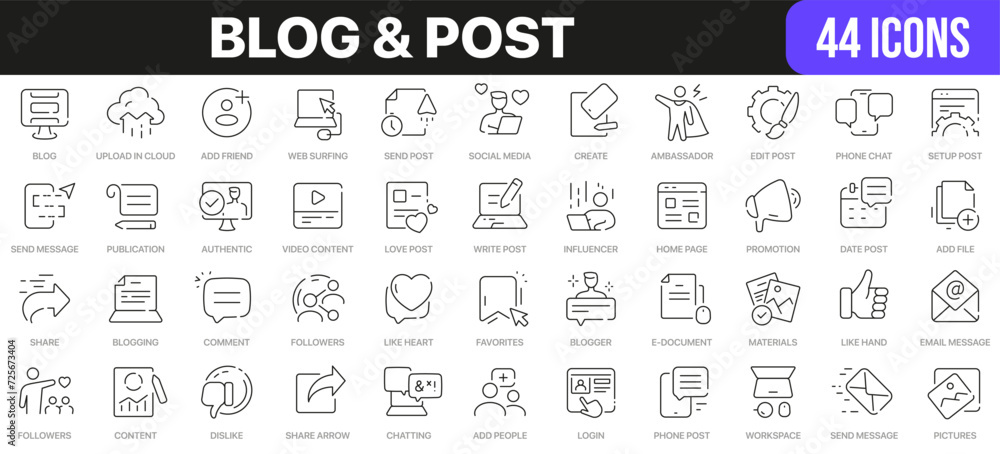 Blog and post line icons collection. UI icon set in a flat design. Excellent signed icon collection. Thin outline icons pack. Vector illustration EPS10