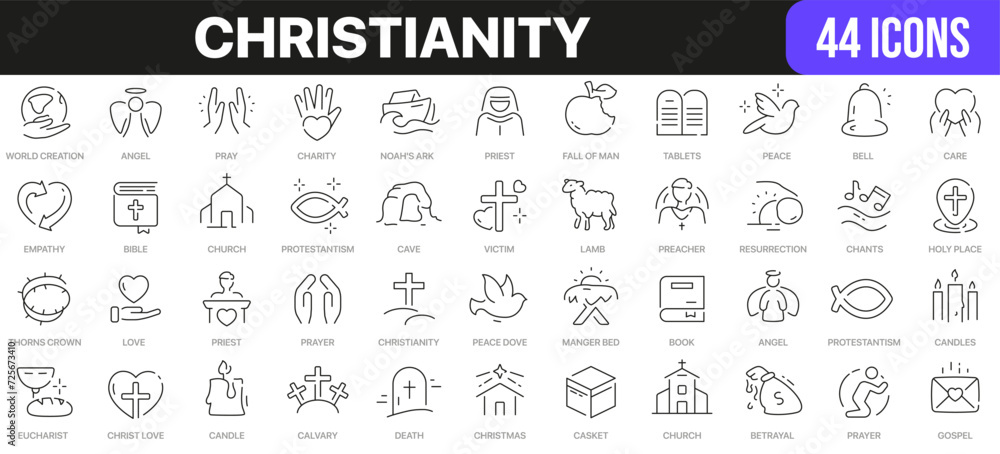 Christianity line icons collection. UI icon set in a flat design. Excellent signed icon collection. Thin outline icons pack. Vector illustration EPS10