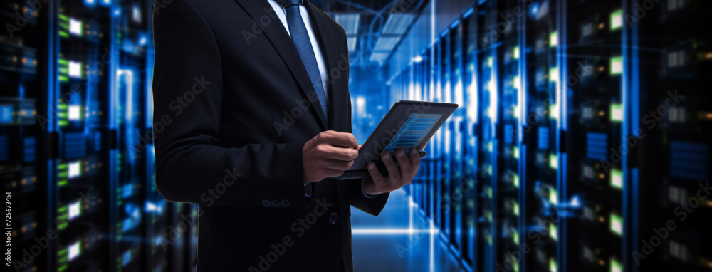 Fototapeta premium A businessman standing in front of data servers. Concept of applying technology in business management