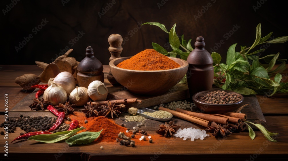 Natural traditional kitchen spices herbs are arranged on burlap wooden table

