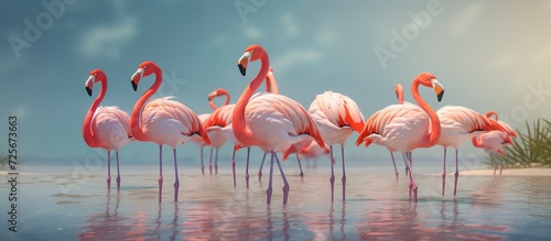 Flamingos looking for fish in the sea