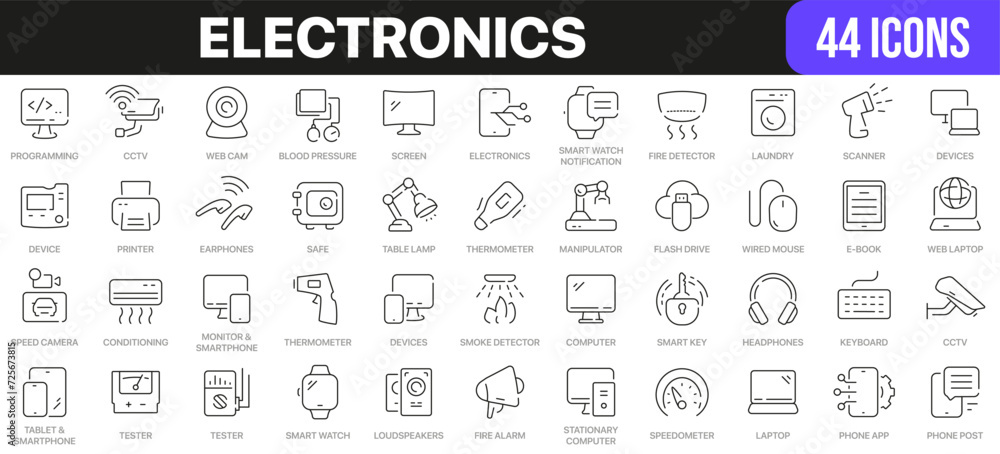 Electronics line icons collection. UI icon set in a flat design. Excellent signed icon collection. Thin outline icons pack. Vector illustration EPS10 Electronics line icons collection. UI icon set in a flat design. Excellent signed icon collection. Thin outline icons pack. Vector illustration EPS10